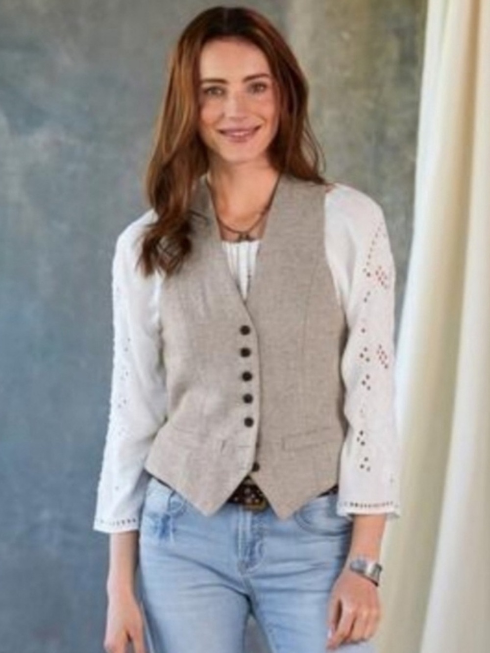 Sundance Classic Tweed Herringbone Wool Blend Waistcoat Vest-Taupe-Size Small